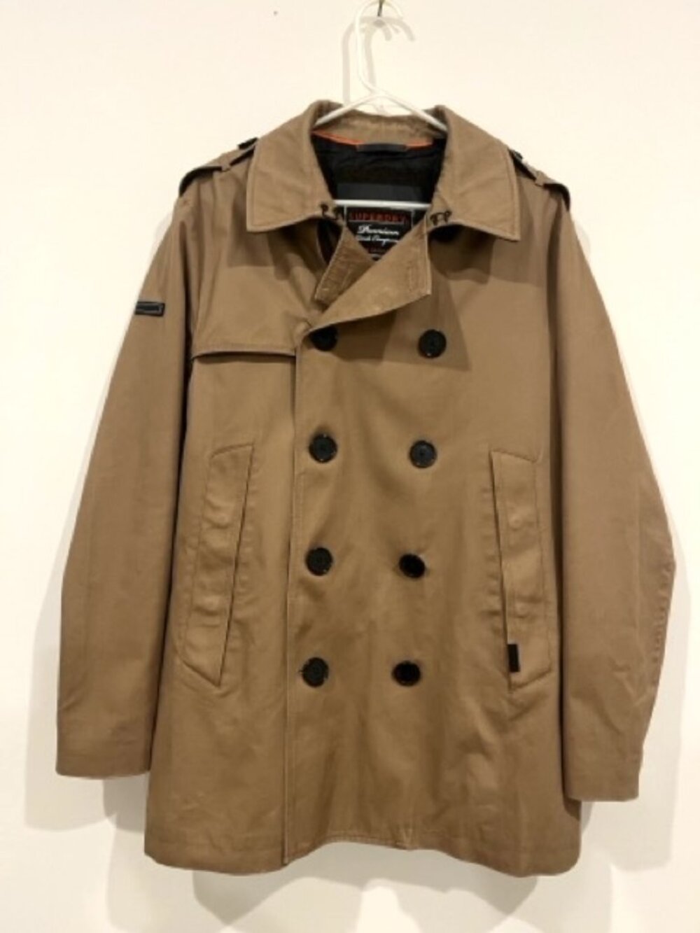 Superdry Men's Large Premium Double-Breasted Trench Jacket Khaki Tan